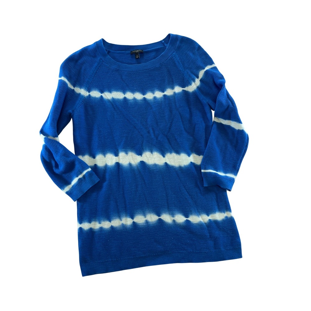 Talbots Petite Blue‎ White Tie Dye Stripe 100% Cotton Pullover Sweater Size P